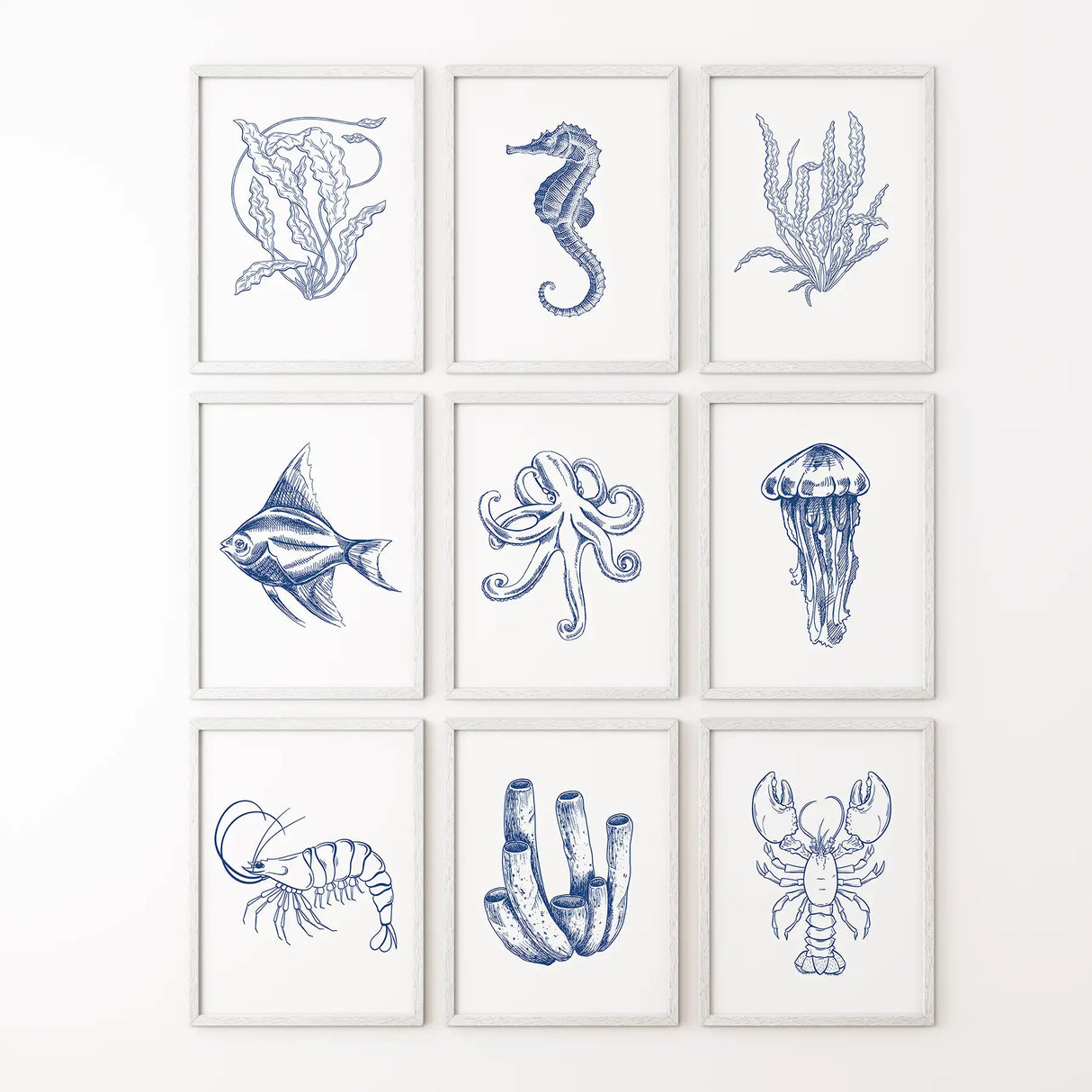 Coastal Nautical Set of 9. Navy Blue Sea Life Prints