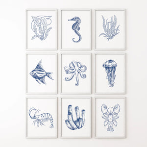 Coastal Nautical Set of 9. Navy Blue Sea Life Prints