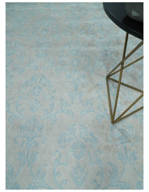 Silky 8x10 Silver and Aqua Handmade Floral Design Art Silk  Area Rug