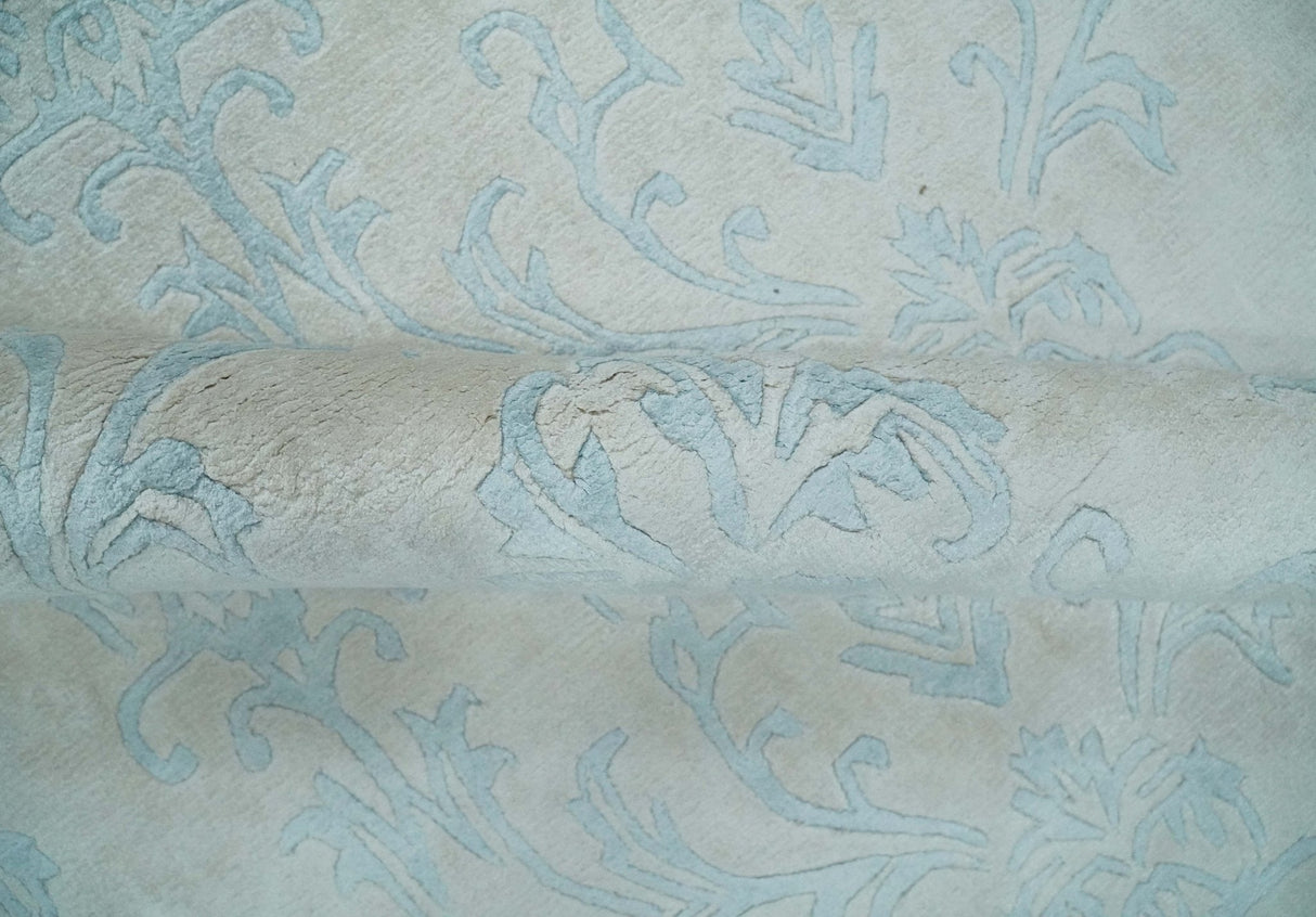 Silky 8x10 Silver and Aqua Handmade Floral Design Art Silk  Area Rug