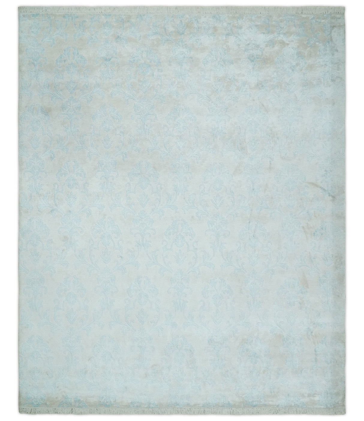 Silky 8x10 Silver and Aqua Handmade Floral Design Art Silk  Area Rug