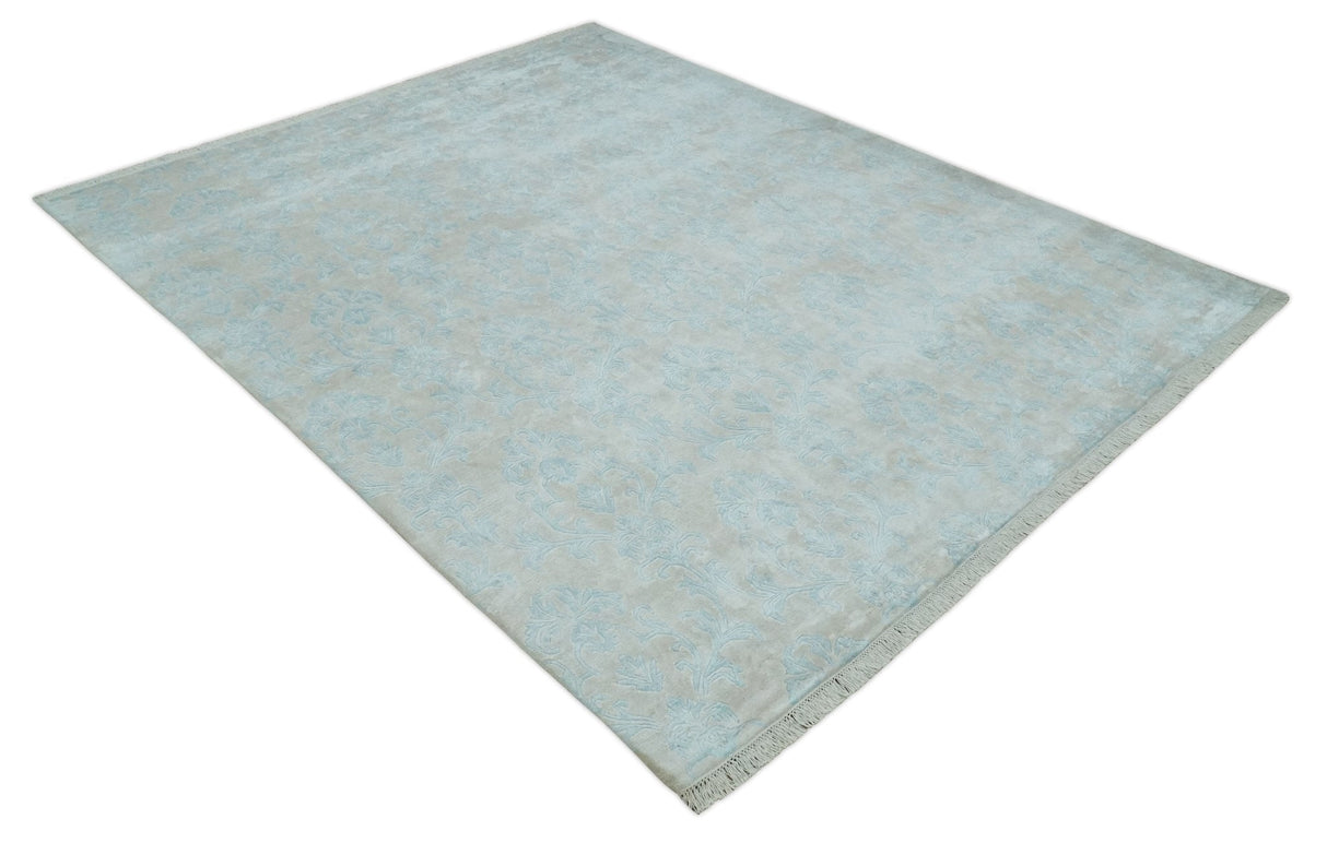Silky 8x10 Silver and Aqua Handmade Floral Design Art Silk  Area Rug