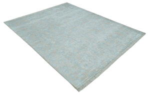 Silky 8x10 Silver and Aqua Handmade Floral Design Art Silk  Area Rug