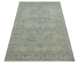 Silver And Beige Traditional Design Hand Knotted 4x5.6 Wool Area Rug