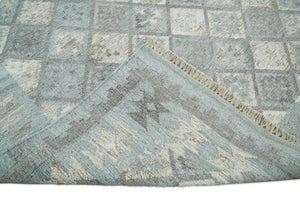 Silver and Beige Modern Geometrical Dhurrie Wool and Viscose Rug