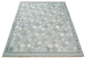 Silver and Beige Modern Geometrical Dhurrie Wool and Viscose Rug