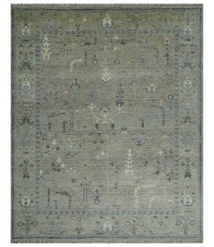 Silver and Olive 8x10 Antique Hand Knotted Turkish Design Area Rug