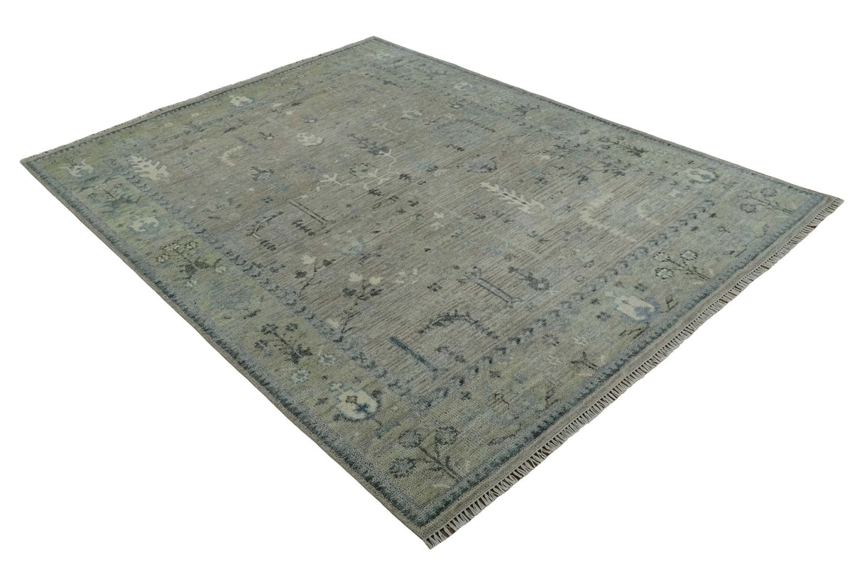Silver and Olive 8x10 Antique Hand Knotted Turkish Design Area Rug