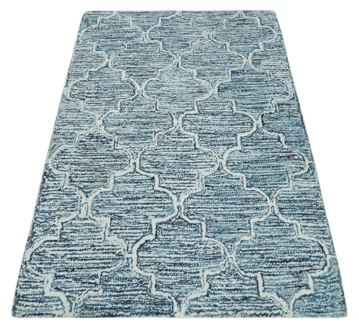 Silver, Blue and Ivory Modern Geometric Hand Tufted Multi Size Natural Wool Rug