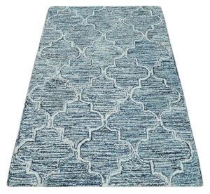 Silver, Blue and Ivory Modern Geometric Hand Tufted Multi Size Natural Wool Rug