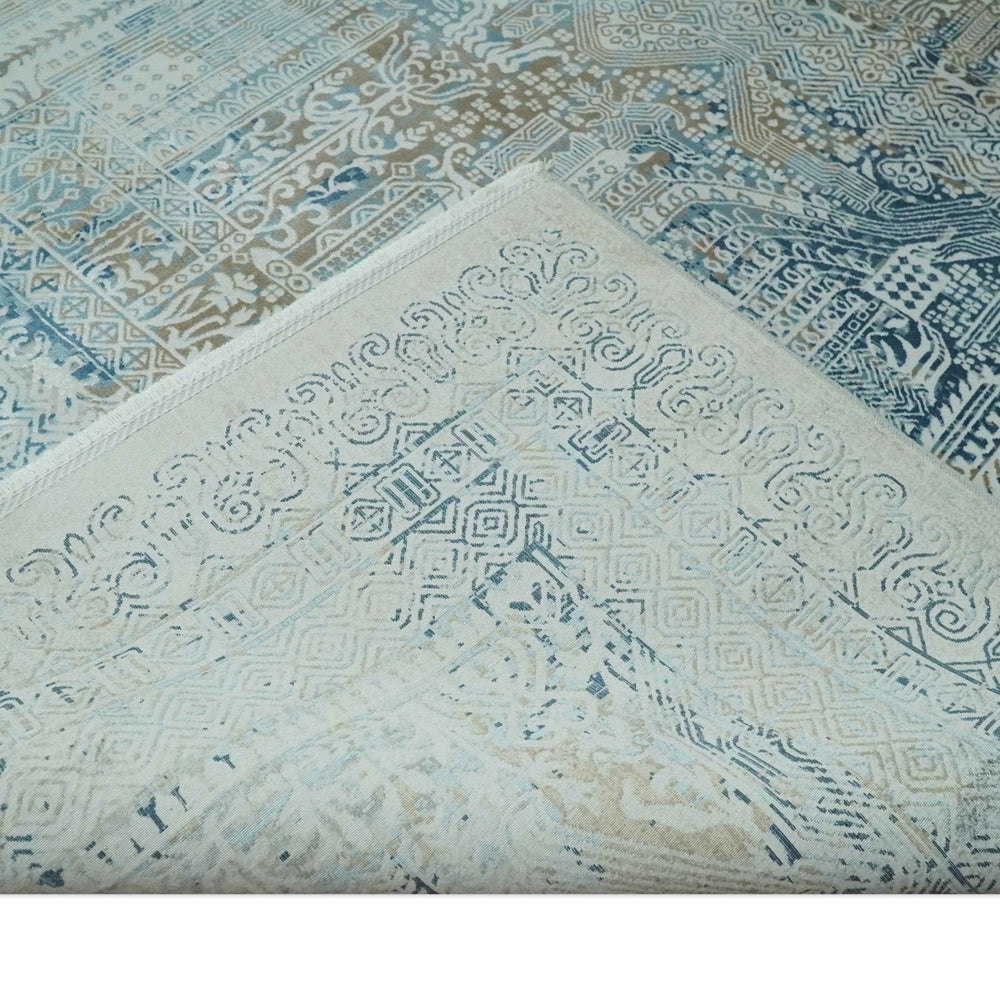 Transitional Blue and Ivory Antique Finish Art Silk Area Rug