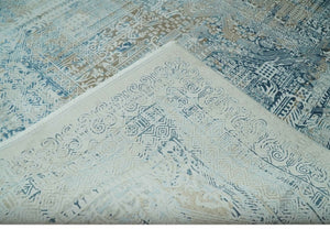 Transitional Blue and Ivory Antique Finish Art Silk Area Rug
