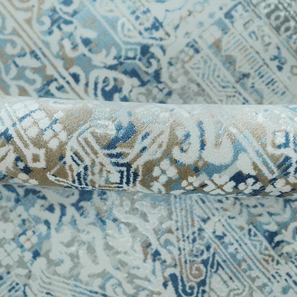 Transitional Blue and Ivory Antique Finish Art Silk Area Rug