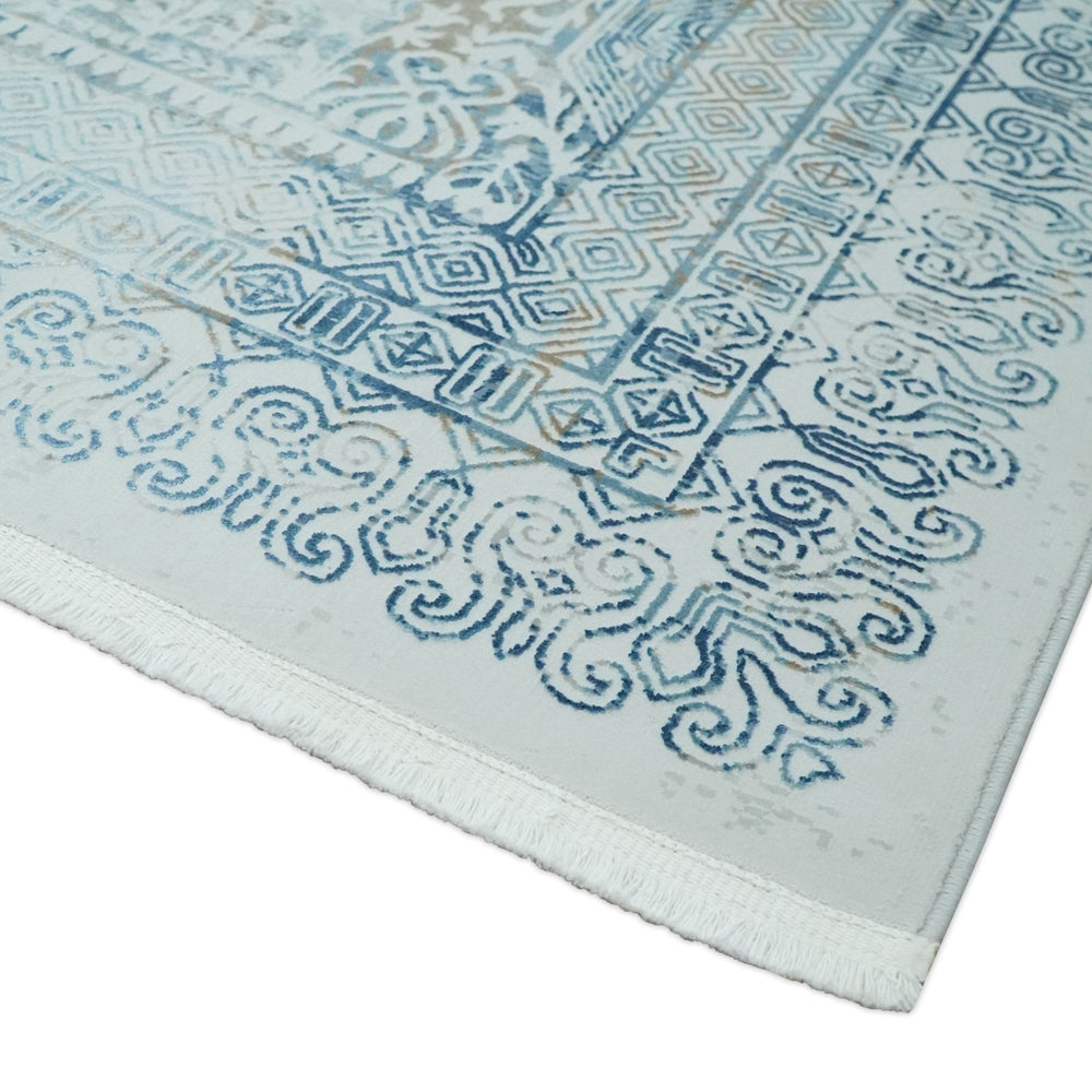 Transitional Blue and Ivory Antique Finish Art Silk Area Rug