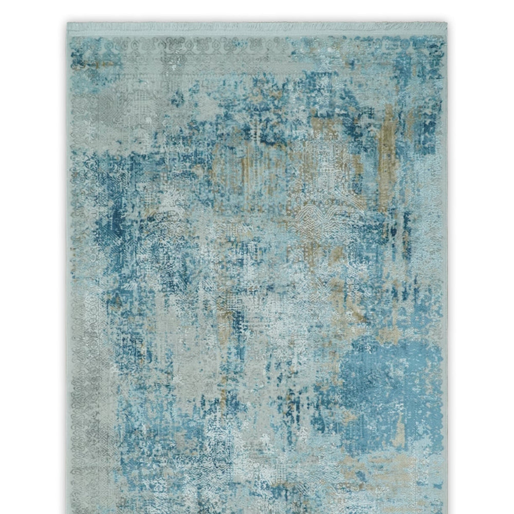 Transitional Blue and Ivory Antique Finish Art Silk Area Rug