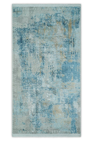 Transitional Blue and Ivory Antique Finish Art Silk Area Rug