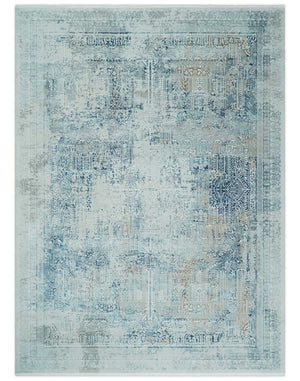 Transitional Blue and Ivory Antique Finish Art Silk Area Rug