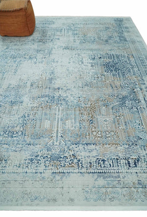 Transitional Blue and Ivory Antique Finish Art Silk Area Rug