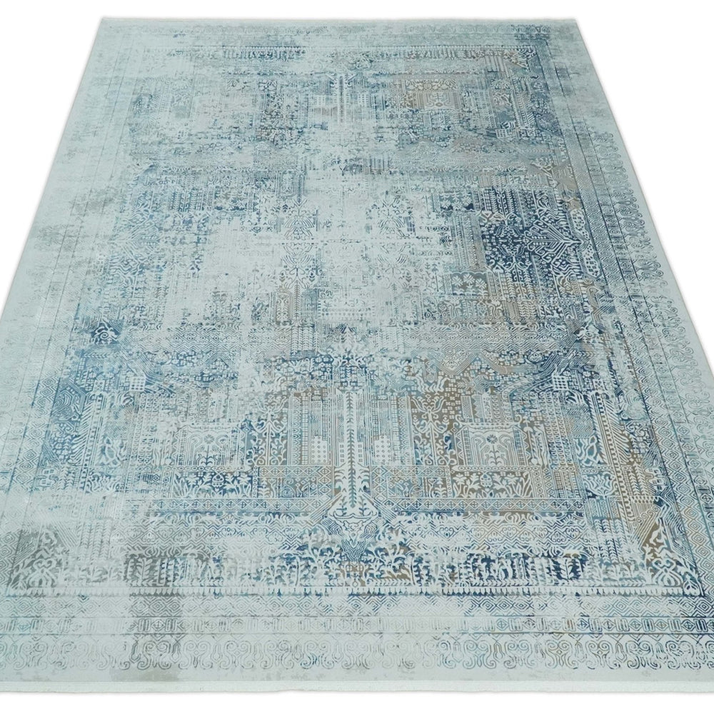 Transitional Blue and Ivory Antique Finish Art Silk Area Rug