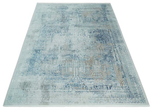 Transitional Blue and Ivory Antique Finish Art Silk Area Rug