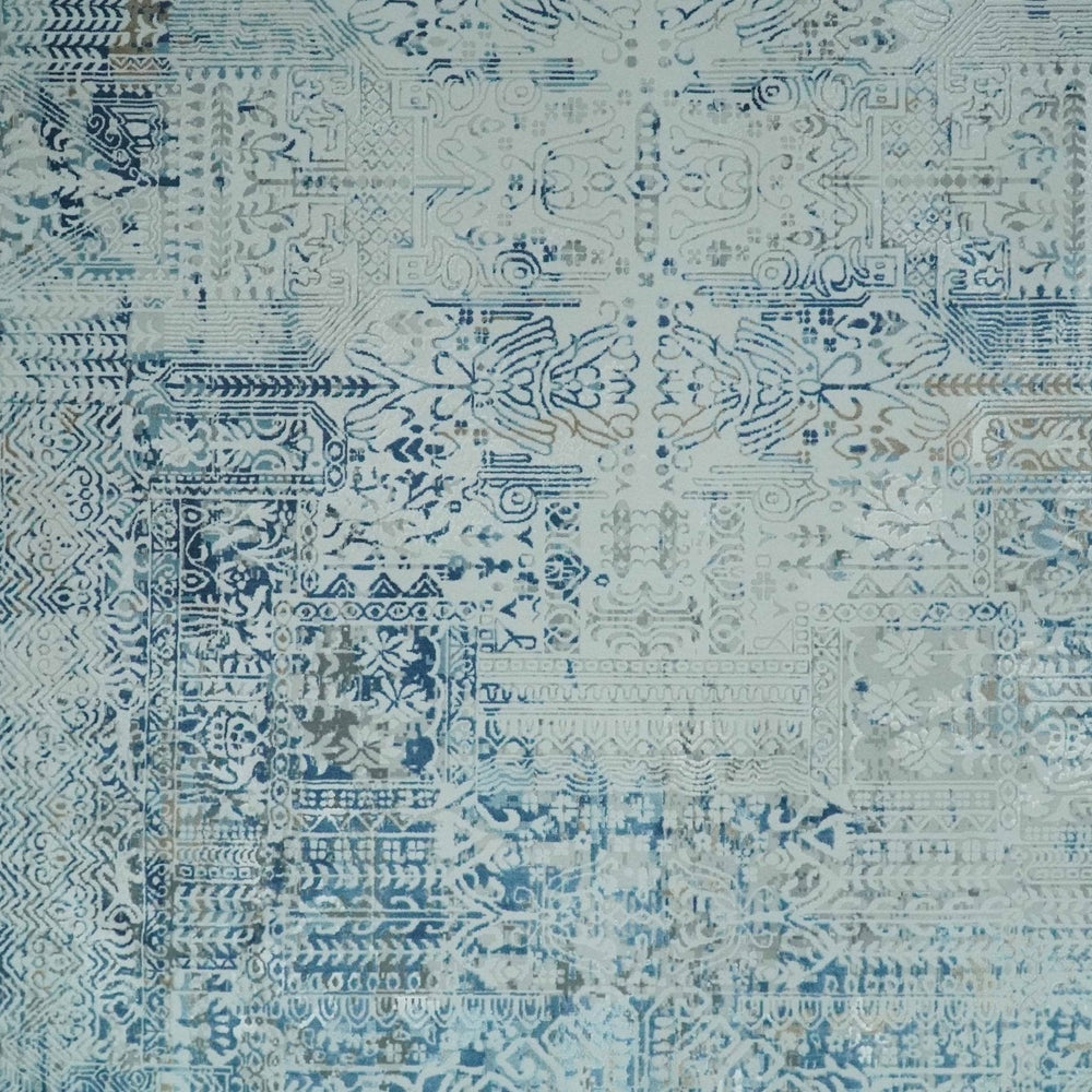 Transitional Blue and Ivory Antique Finish Art Silk Area Rug
