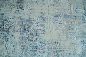 Transitional Blue and Ivory Antique Finish Art Silk Area Rug