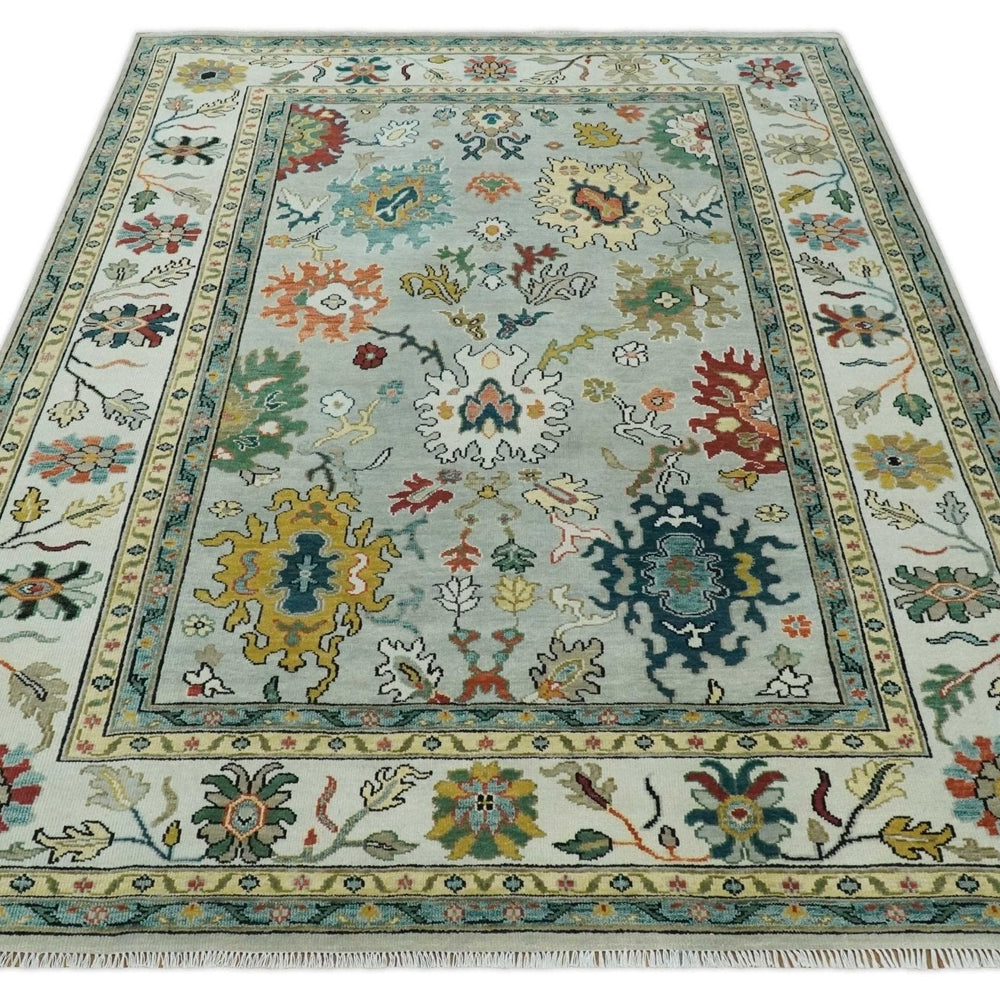 Silver, Ivory and Beige vibrant Colorful Hand knotted 8x10 and 9x12 Traditional Oushak wool Rug