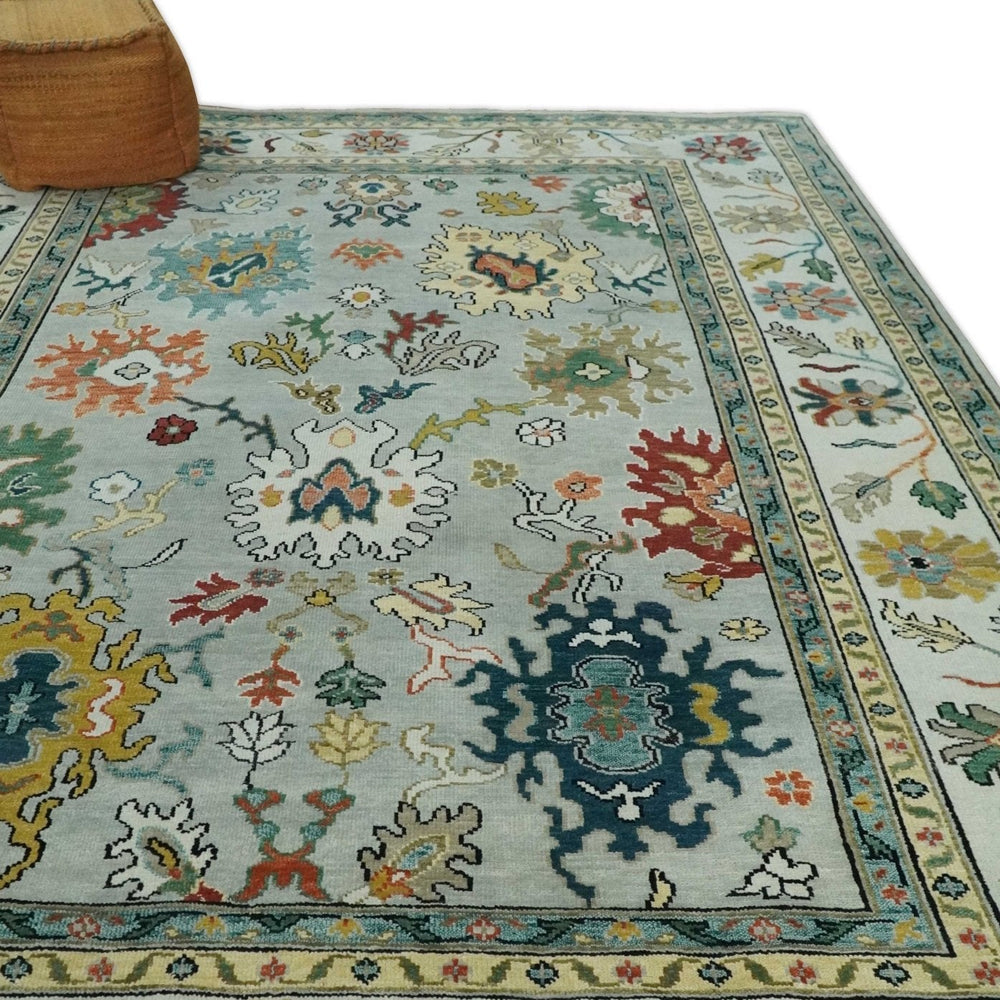 Silver, Ivory and Beige vibrant Colorful Hand knotted 8x10 and 9x12 Traditional Oushak wool Rug