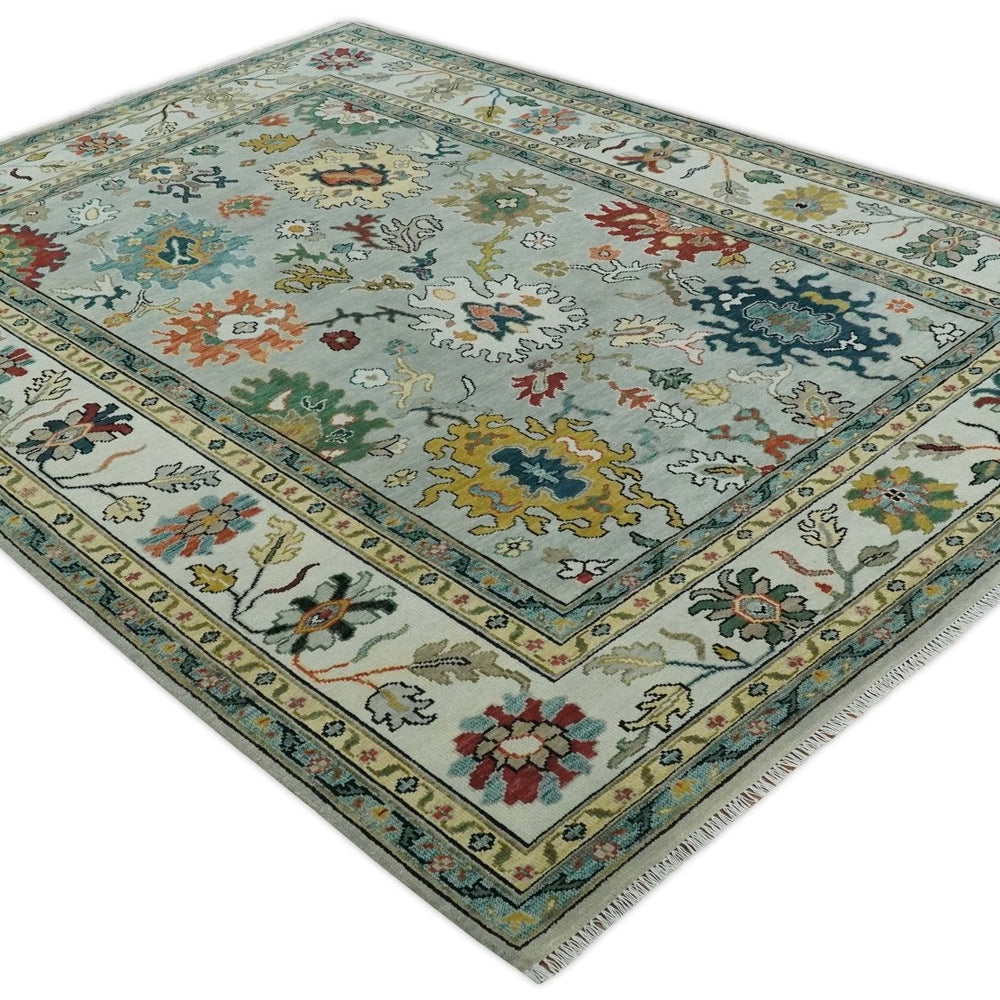 Silver, Ivory and Beige vibrant Colorful Hand knotted 8x10 and 9x12 Traditional Oushak wool Rug