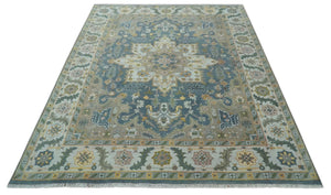 Silver, Teal and Taupe Hand knotted Traditional Heriz Serapi 9x12 Wool Area Rug