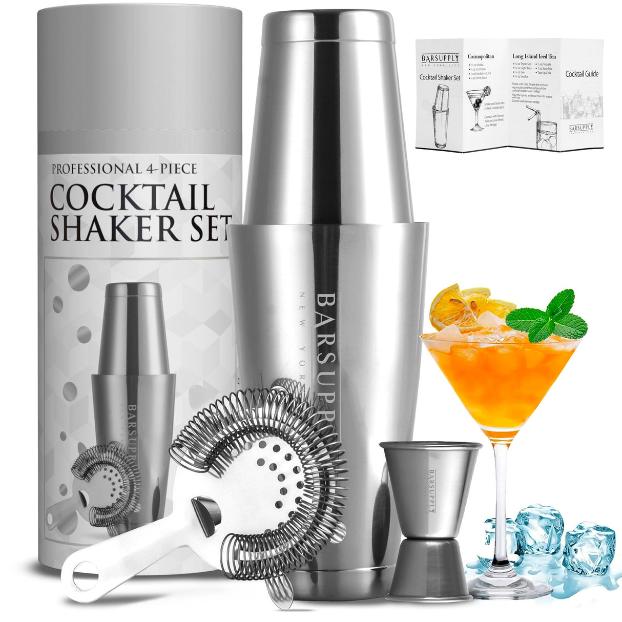 Professional 4-Piece Boston Cocktail Shaker Set