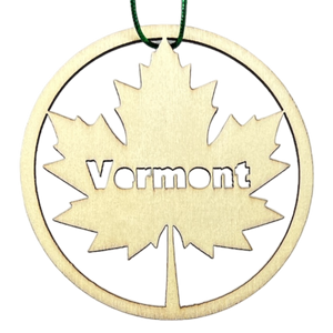 Round Wooden Vermont Maple Leaf Ornament