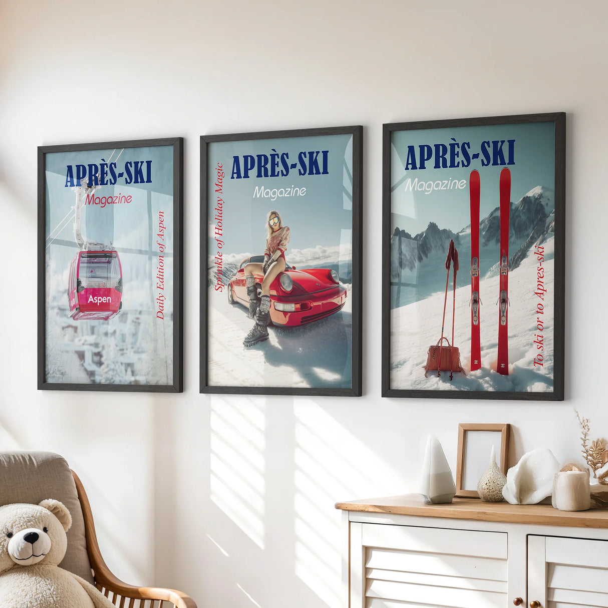 Girly Après Ski Set of 3 Posters. Chic Ski Resort Wall Decor