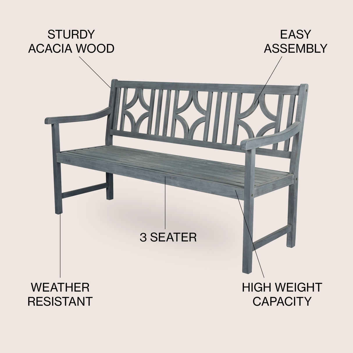 Sloane 3 - seat ogee diamond - back support acacia wood outdoor garden patio bench - Tuesday Morning - Outdoor Benches