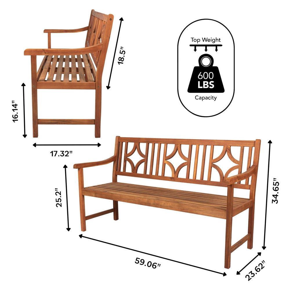 Sloane 3 - seat ogee diamond - back support acacia wood outdoor garden patio bench - Tuesday Morning - Outdoor Benches