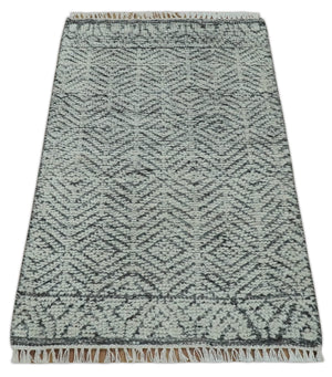 Small 2x3 Hand Knotted Ivory and Charcoal Tribal Design Wool Rug