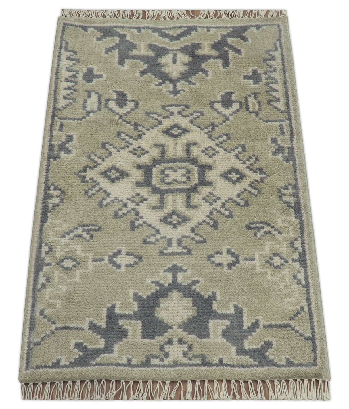 Small 2x3 Traditional Beige And Gray Hand Knotted Wool Rug
