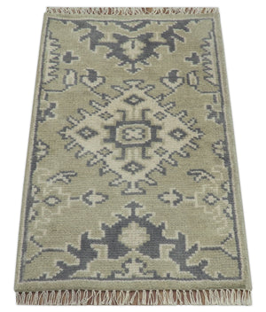 Small 2x3 Traditional Beige And Gray Hand Knotted Wool Rug