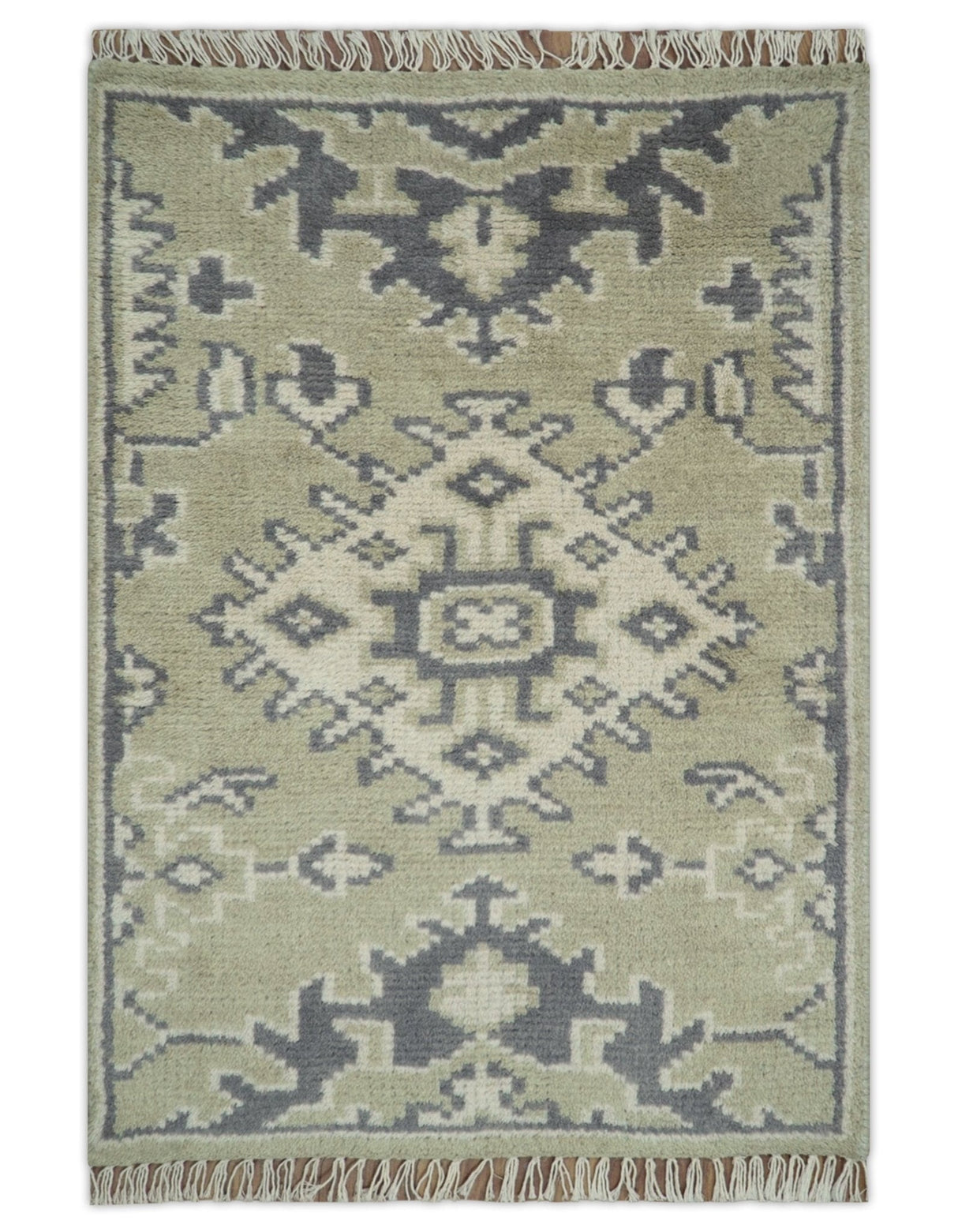 Small 2x3 Traditional Beige And Gray Hand Knotted Wool Rug