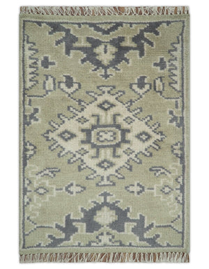 Small 2x3 Traditional Beige And Gray Hand Knotted Wool Rug