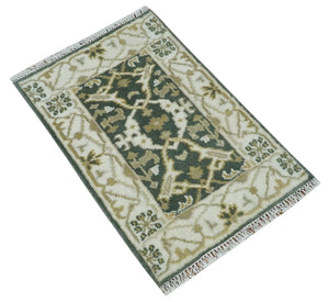 Small Entryway 2x3 Gray, Ivory and Beige Hand Knotted Oriental Oushak  Wool Area Rug