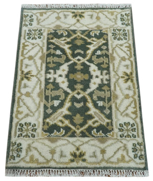 Small Entryway 2x3 Gray, Ivory and Beige Hand Knotted Oriental Oushak  Wool Area Rug