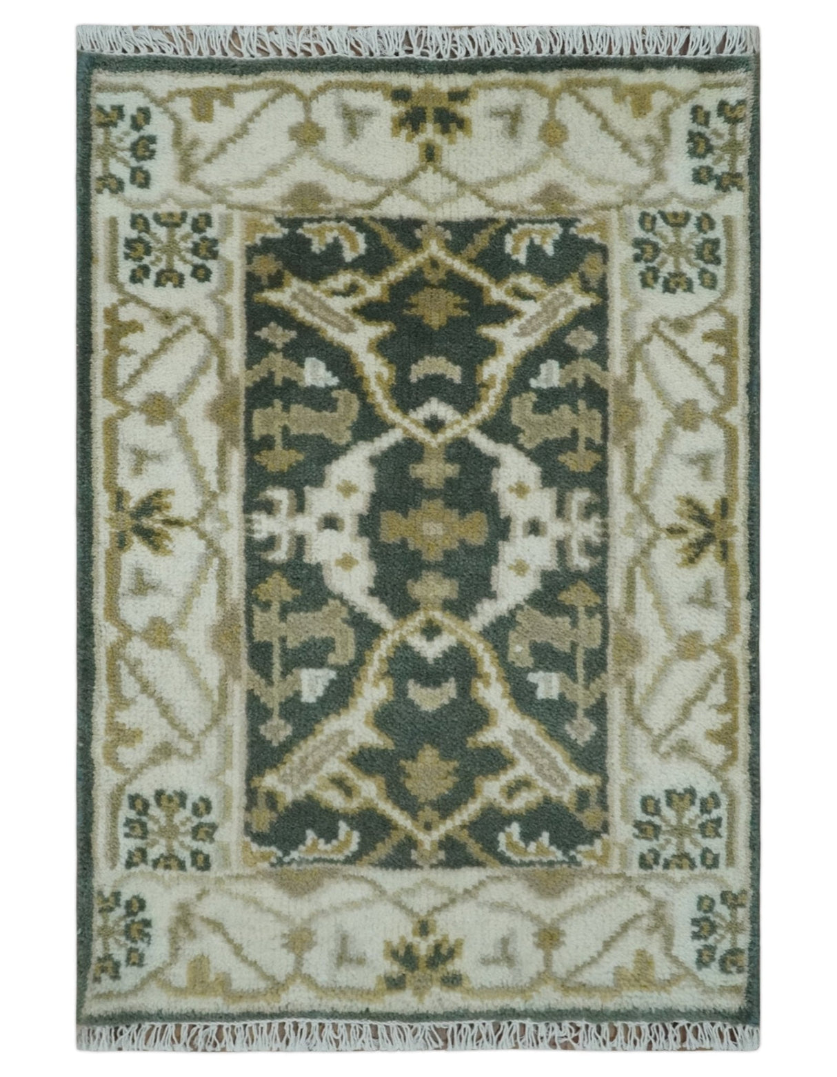 Small Entryway 2x3 Gray, Ivory and Beige Hand Knotted Oriental Oushak  Wool Area Rug