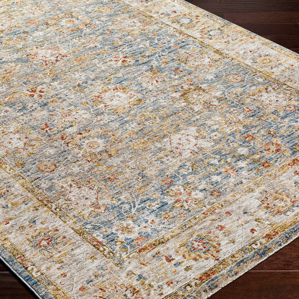 Duong Beige & Blue Textured Rug with Fringes