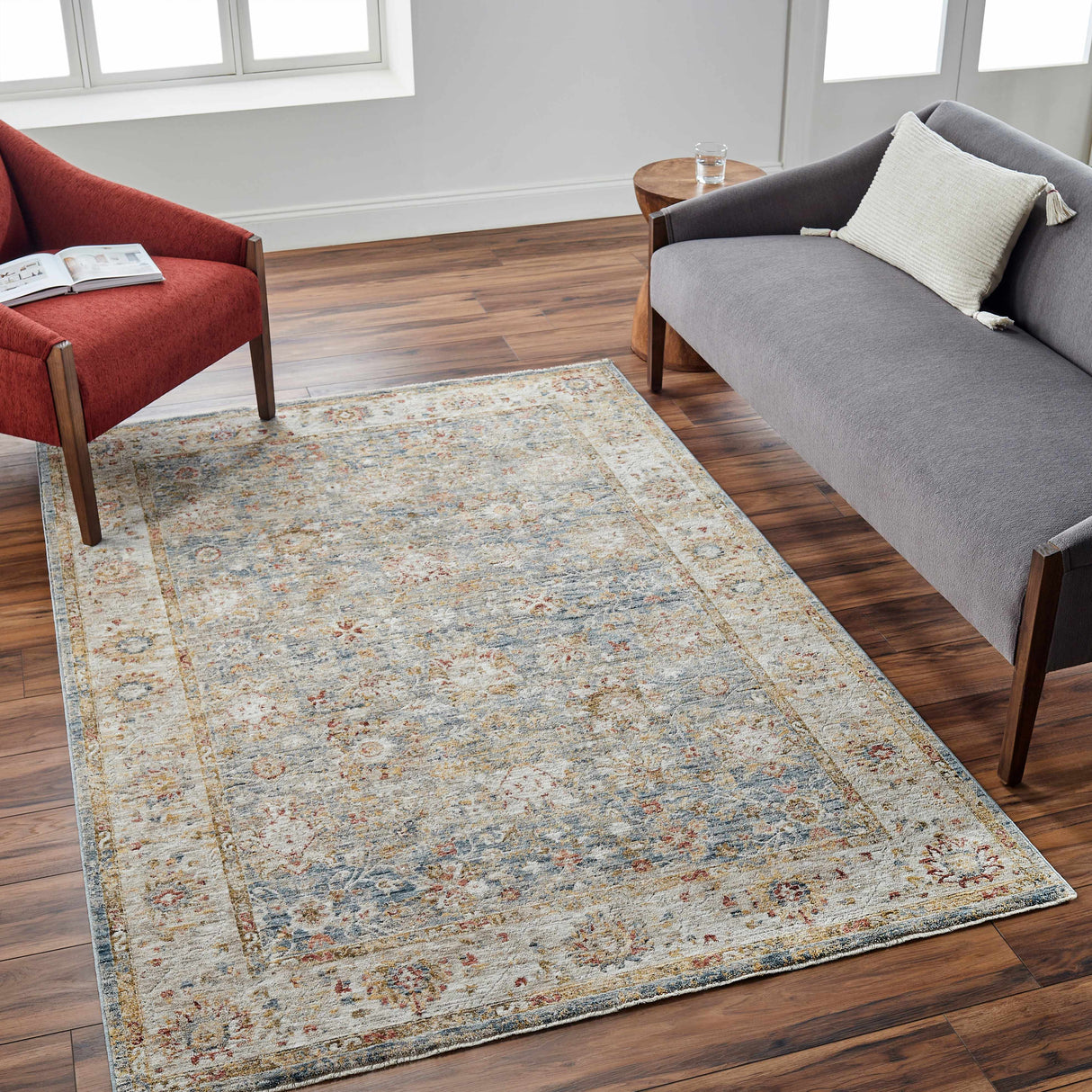 Duong Beige & Blue Textured Rug with Fringes