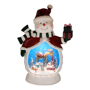 B/O Lighted Musical Spinning Water Globe Snowman with Holiday Scene Red Coat