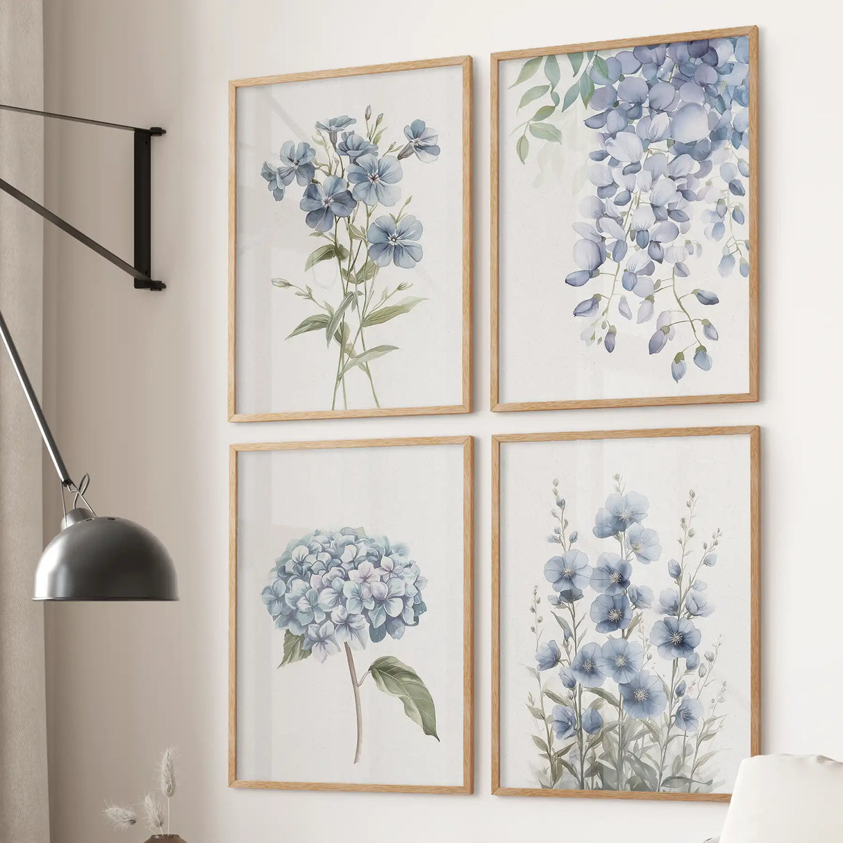 Soft Blue Hydrangea Prints. 4 Piece Watercolor Wall Art