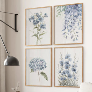 Soft Blue Hydrangea Prints. 4 Piece Watercolor Wall Art