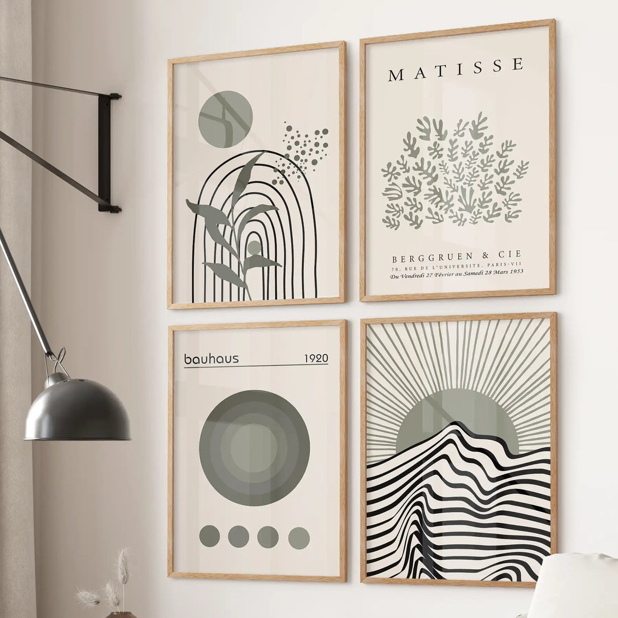 Modern Sage Green Wall Art. Set of 4 Bauhaus and Matisse-Inspired Prints