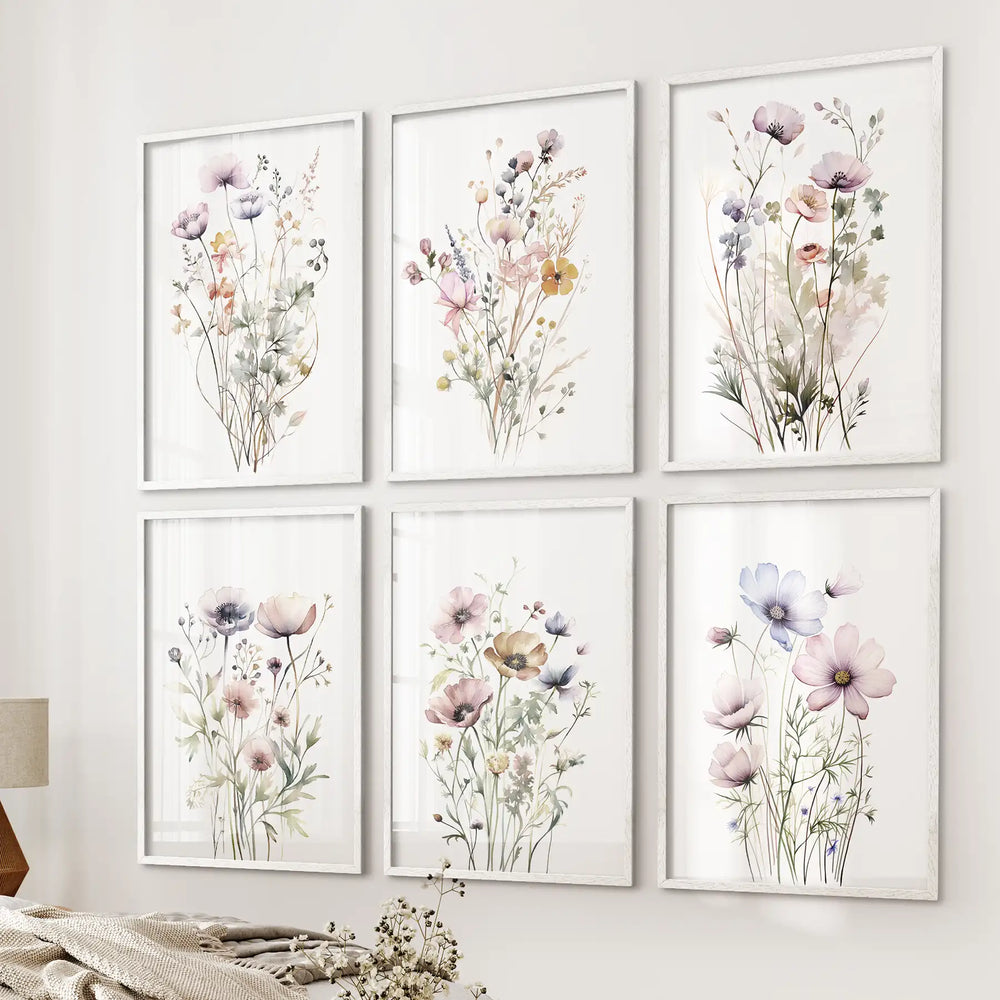 Botanical Watercolor 6 Piece Art Set. Meadow Flowers Prints for Bedroom